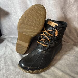 Sperry Saltwater Duck Boots Womens 8 Navy Quilted Lace Up Waterproof Rain Shoes